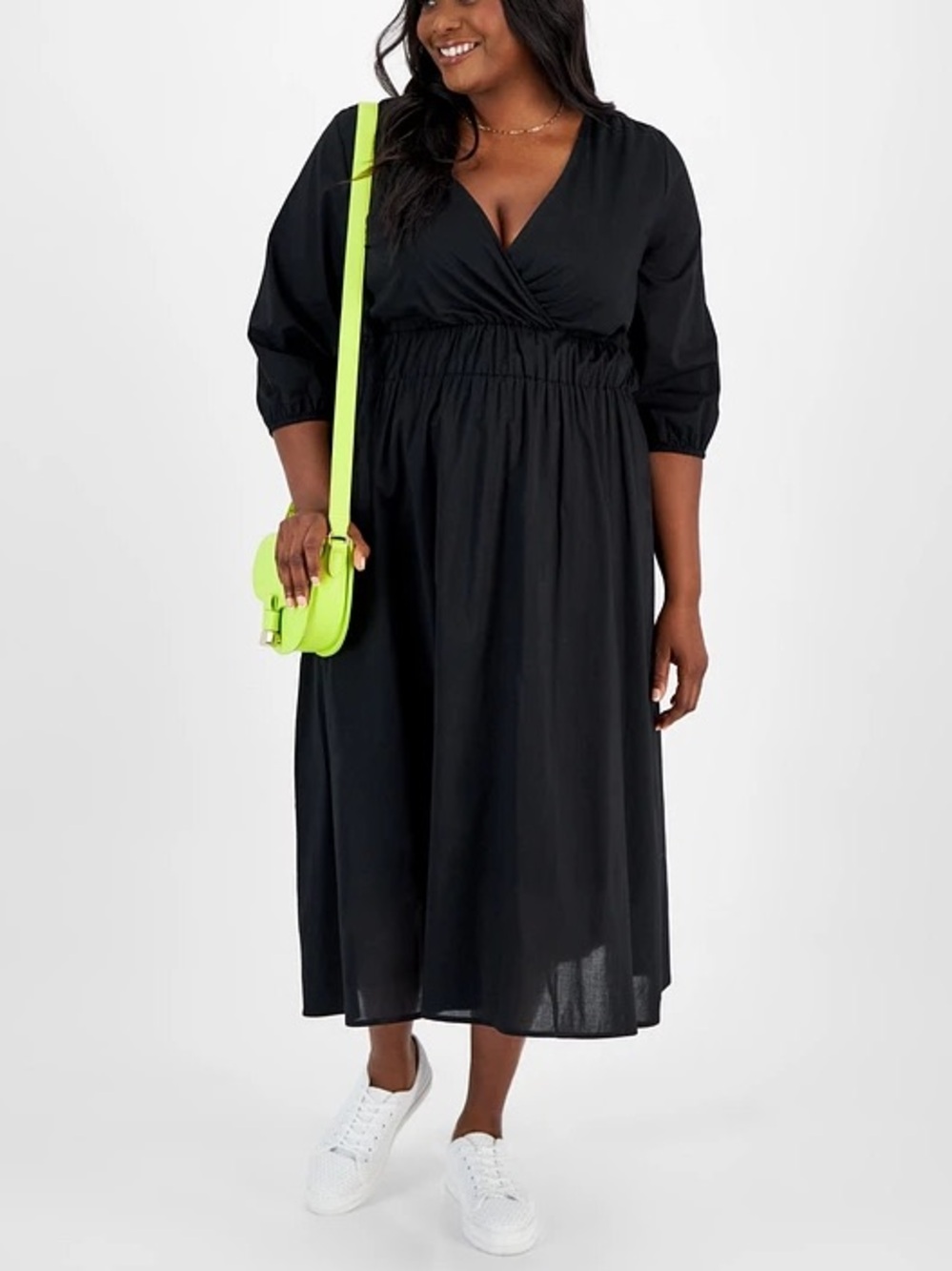 Macy's On 34th Plus Size Blouson-Sleeve Cotton Midi Black Dress V neck 4X XXXXL
